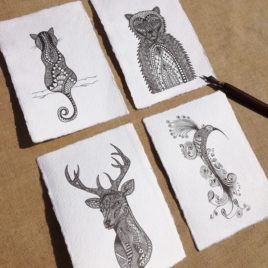Cartes en papier artisanal, fait main, avec illustration de chat, ours, cerf, ibis